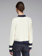 Vilagallo Cream Cardigan With Contrasting Navy Frayed Trim From The Back 