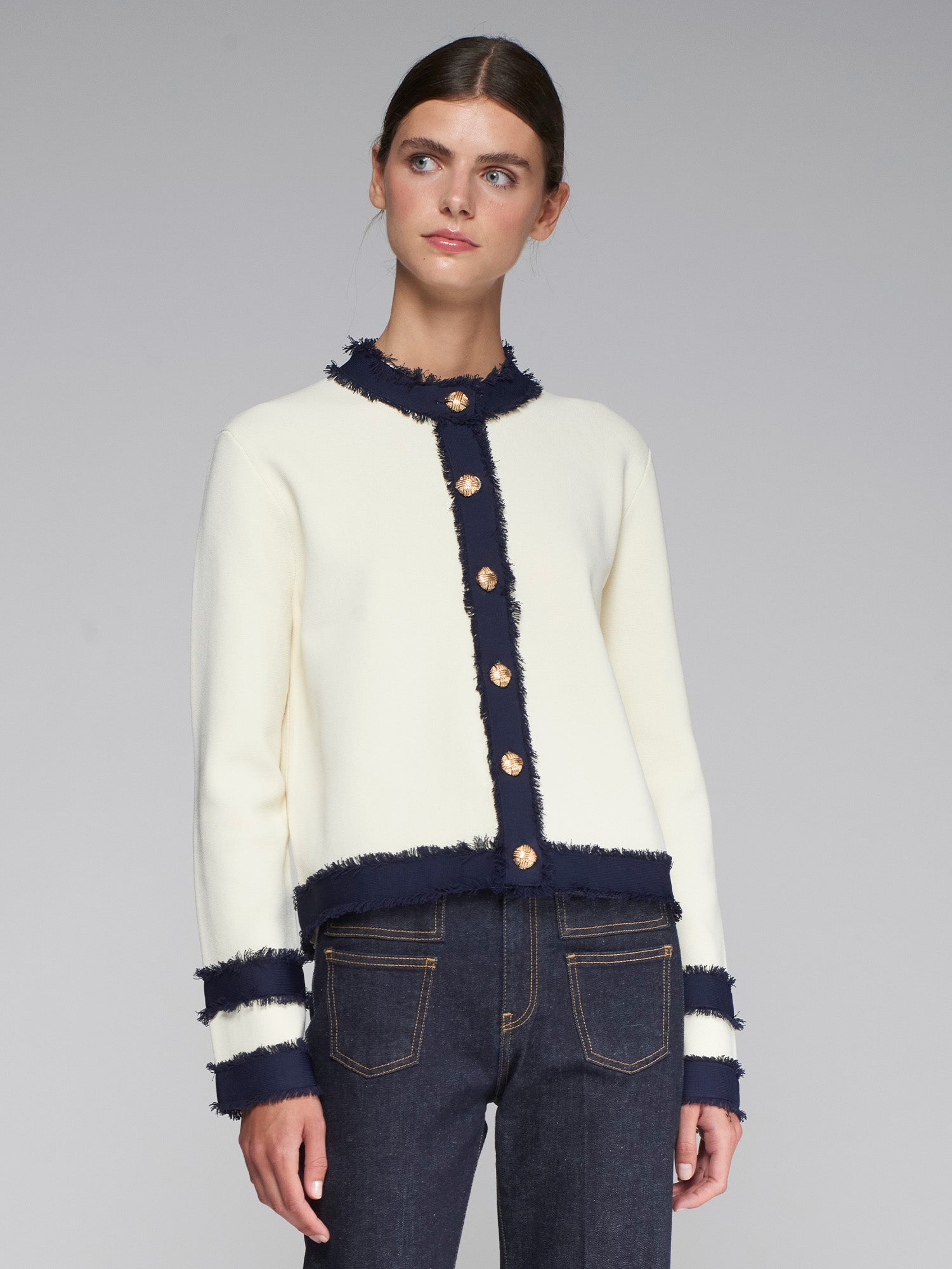 Vilagallo Cream Cardigan With Contrasting Navy Frayed Trim