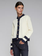 Vilagallo Cream Cardigan With Navy Frayed Trim and Fancy Gold Buttons