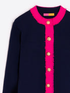 Vilagallo Navy Cardigan With Neon Pink Frayed Trim and Fancy Gold Buttons