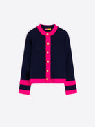 Vilagallo Navy Cardigan With Neon Pink Frayed Trim