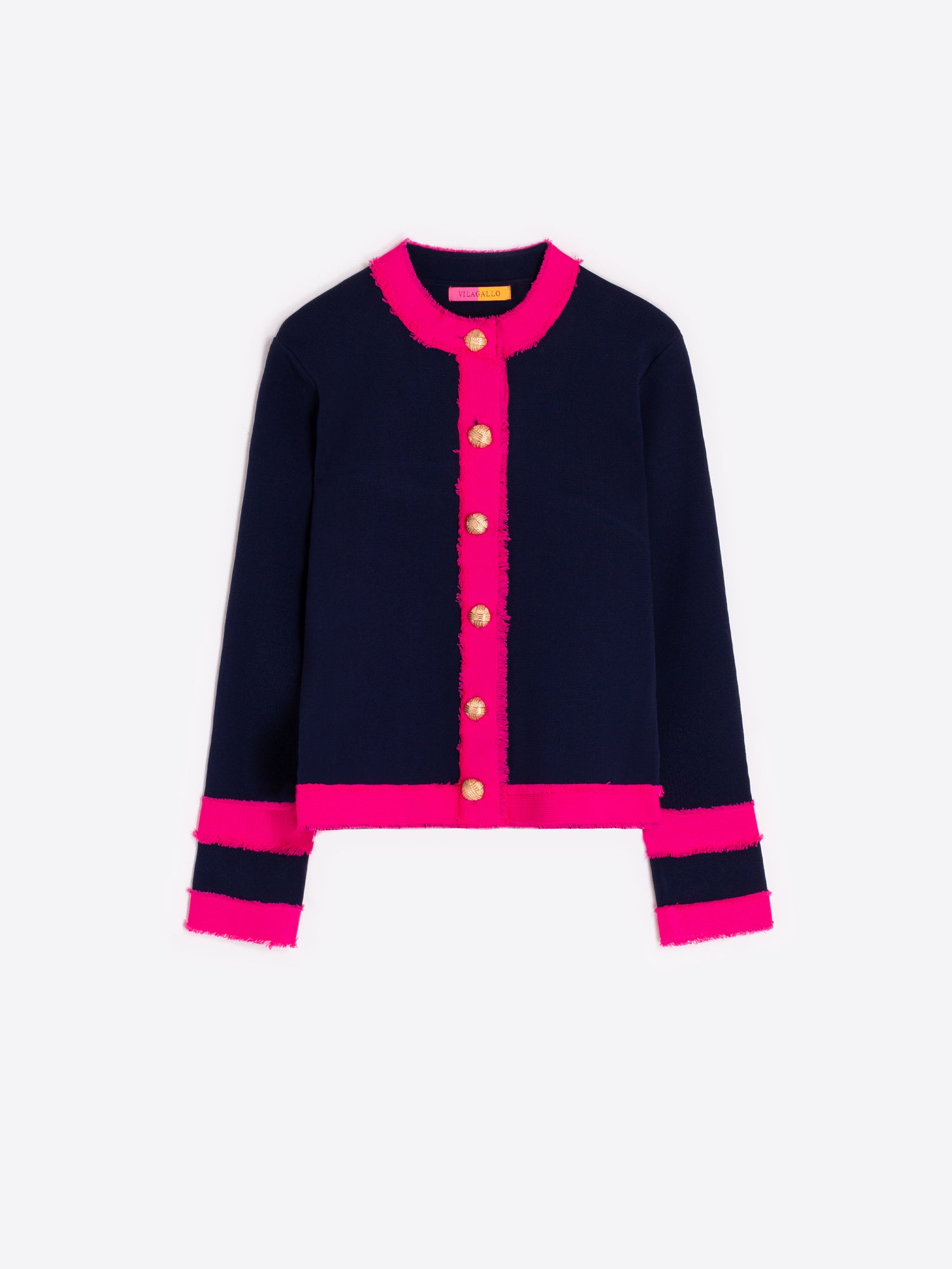 Vilagallo Navy Cardigan With Neon Pink Frayed Trim