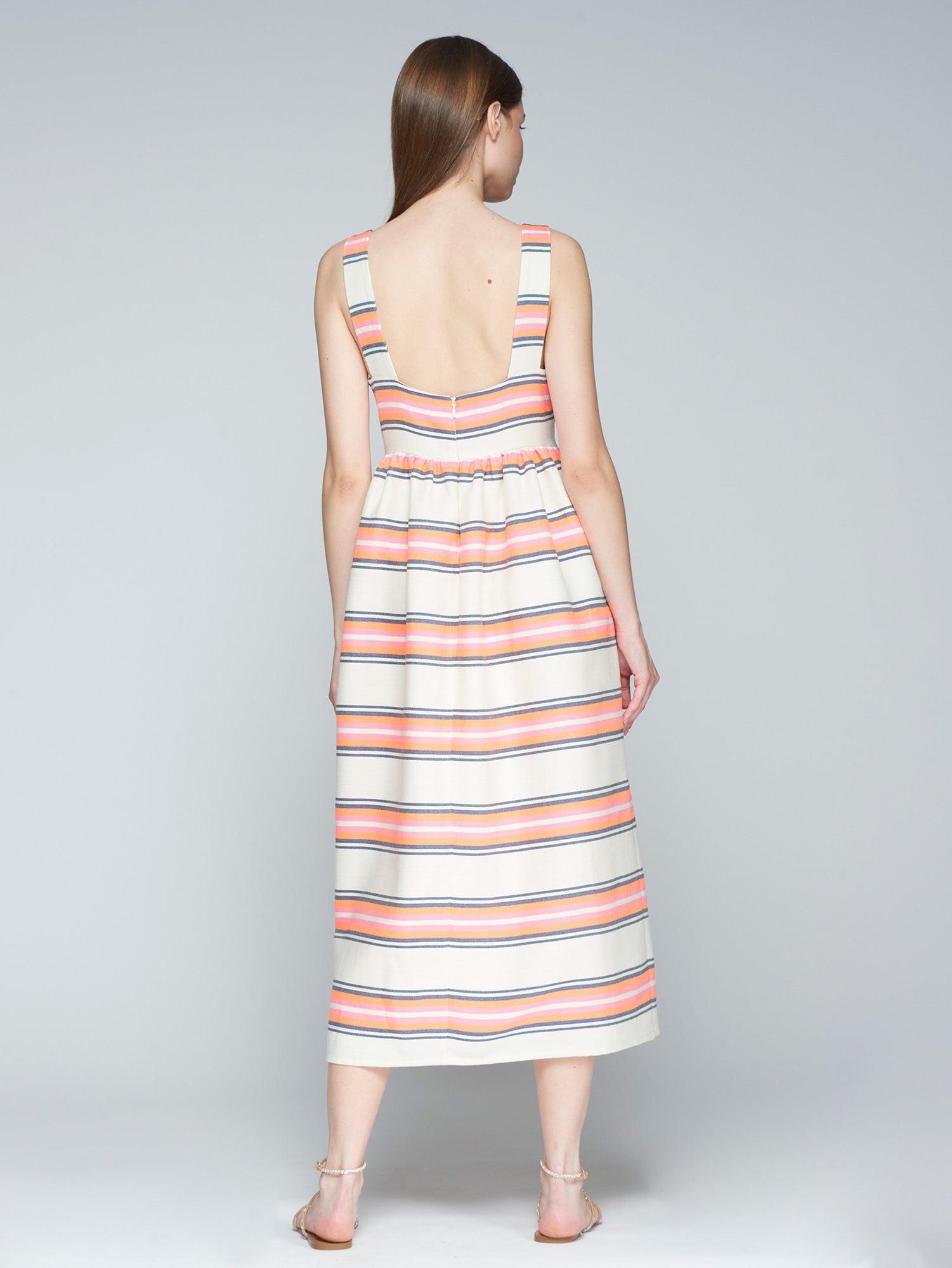 Vilagallo Cream/Peach Sleeveless Stripe Print Midi Dress From The Back