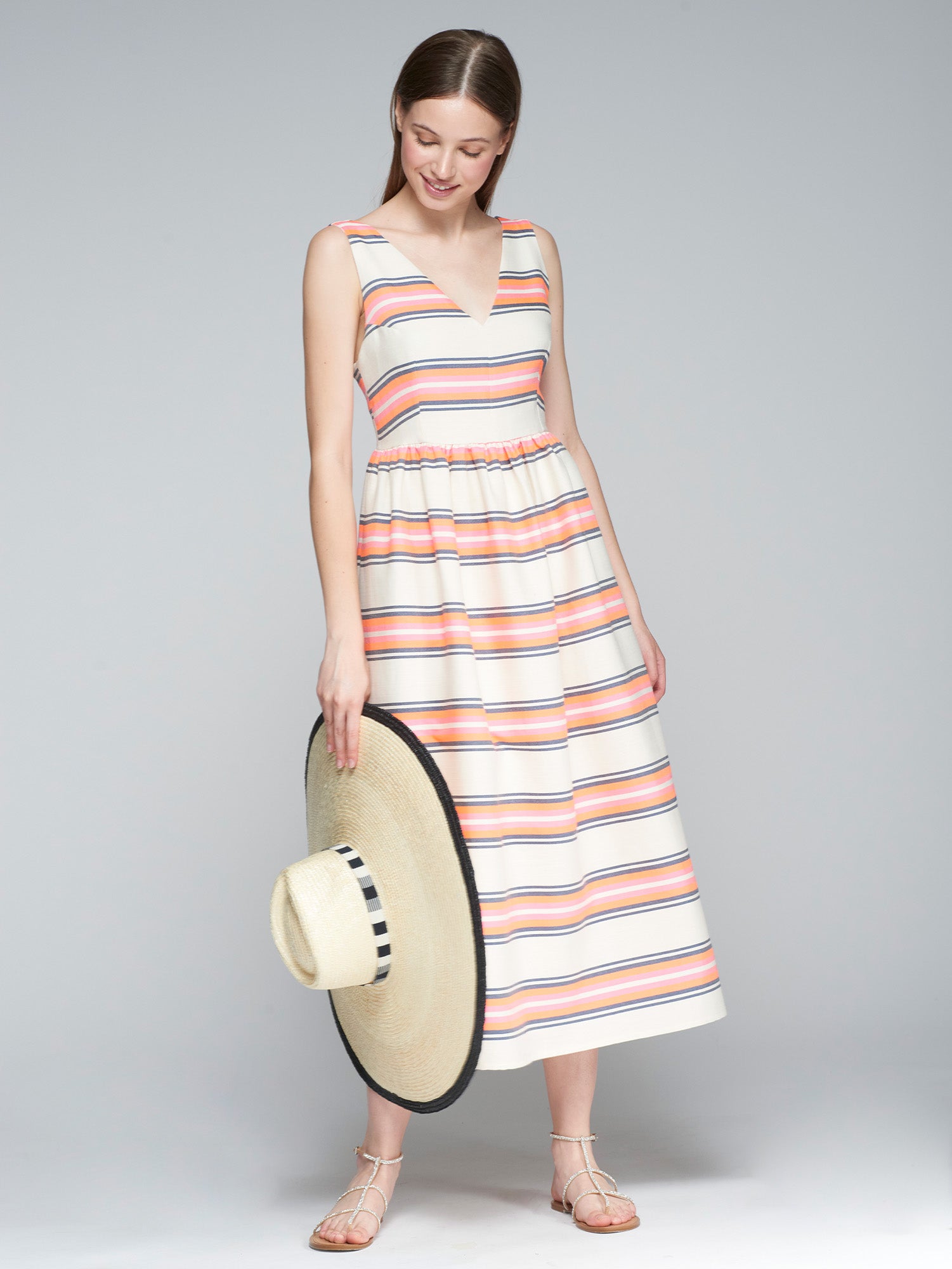 Vilagallo Cream/Peach Sleeveless Stripe Print Midi Dress