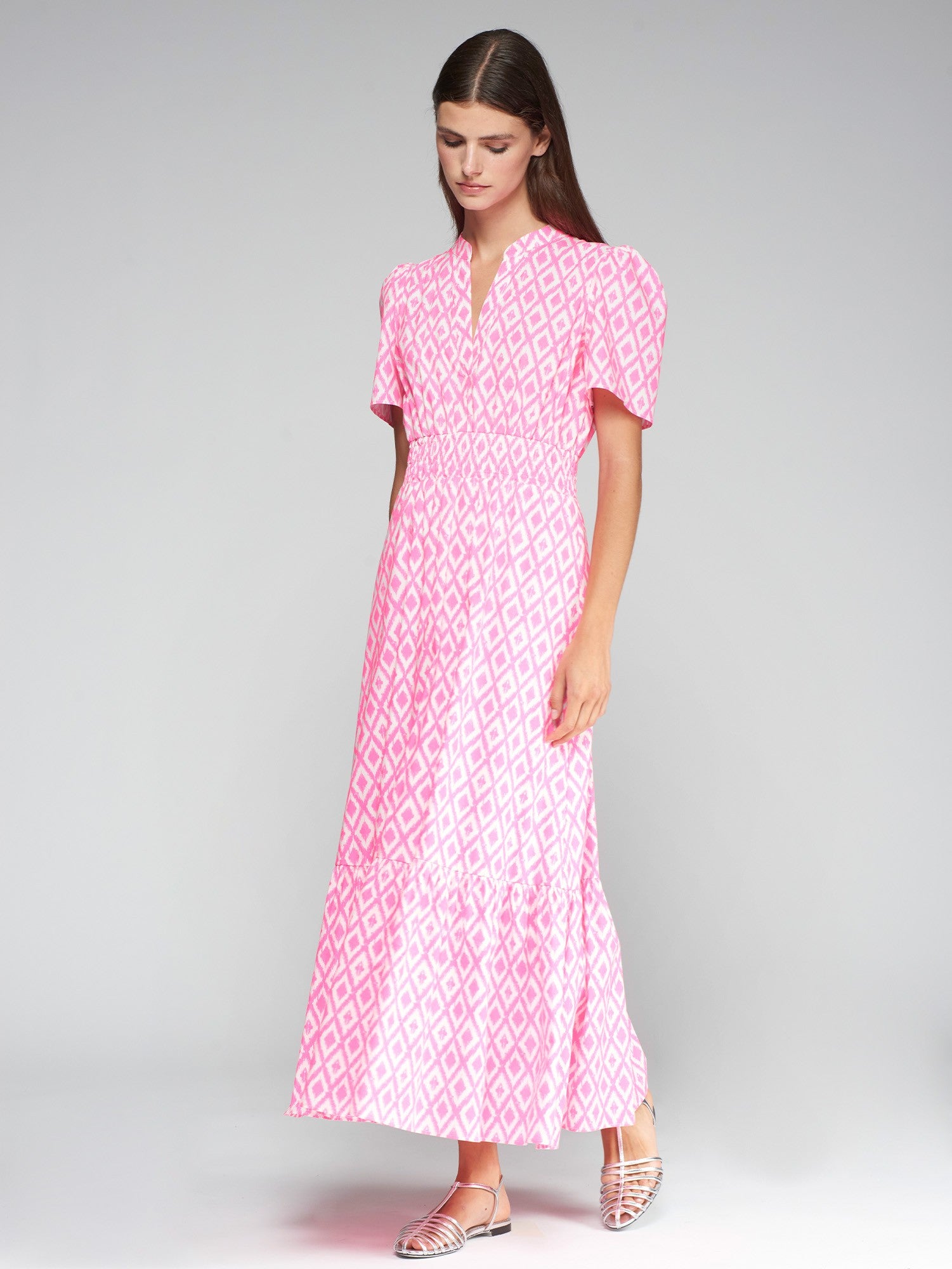 Vilagallo Leila Pink ikat Print Long Layer Dress