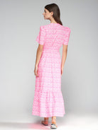 Vilagallo Leila Pink ikat Print Midi Dress From The Back 