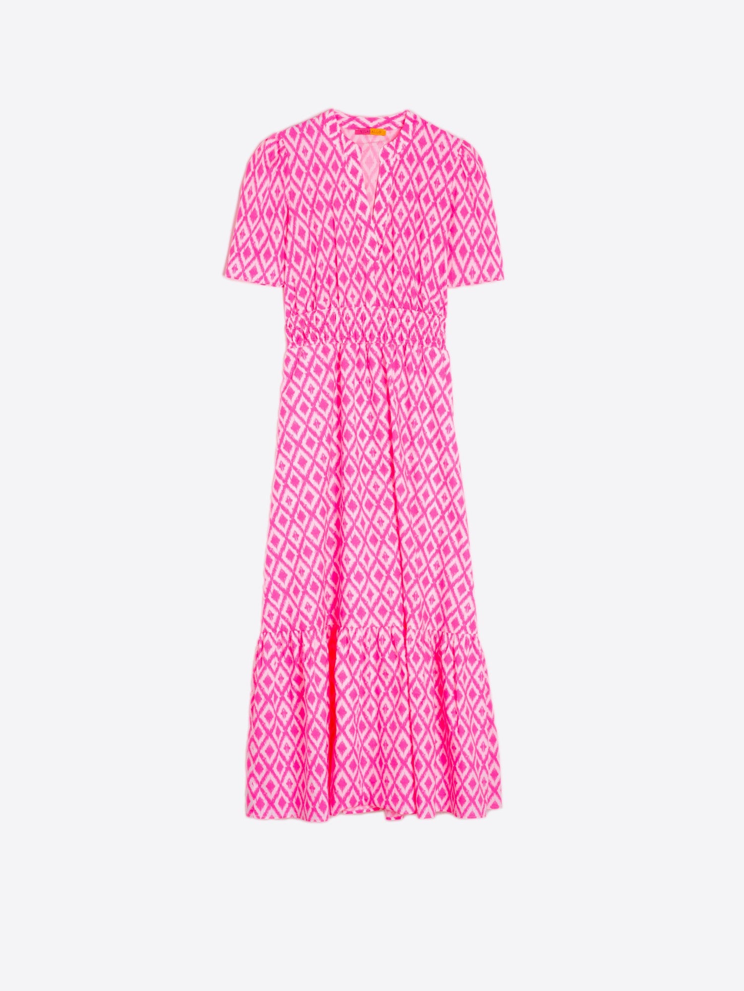 Vilagallo Leila Neon Pink ikat Print Short Sleeve Midi Dress