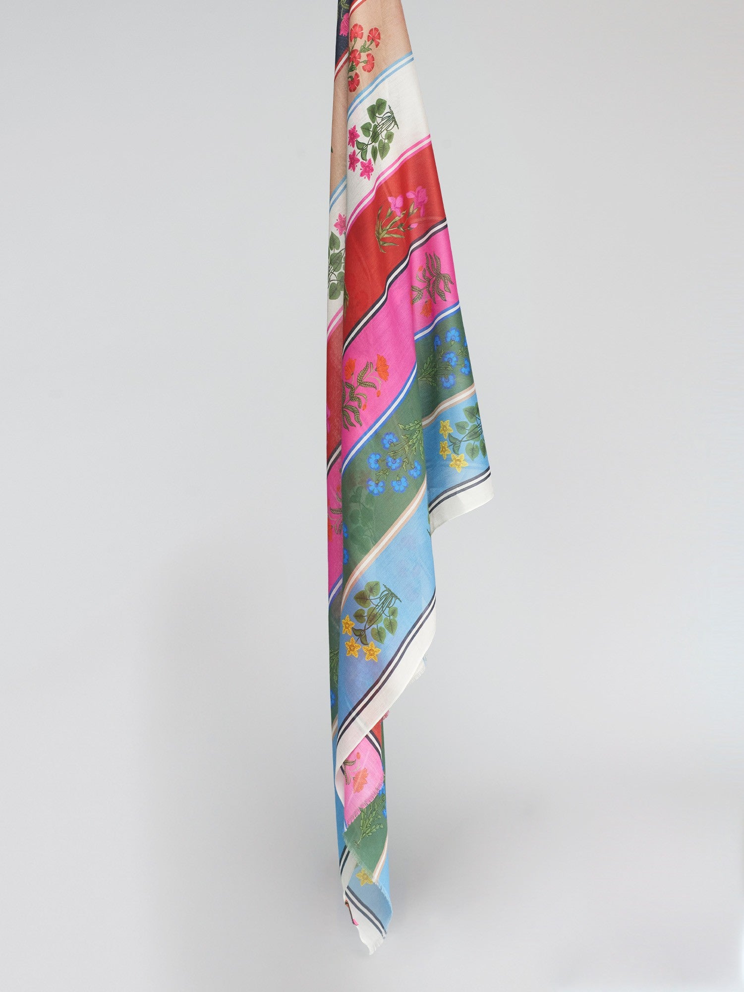 Bright cotton scarf with mixed floral motifs and vibrant vertical stripes