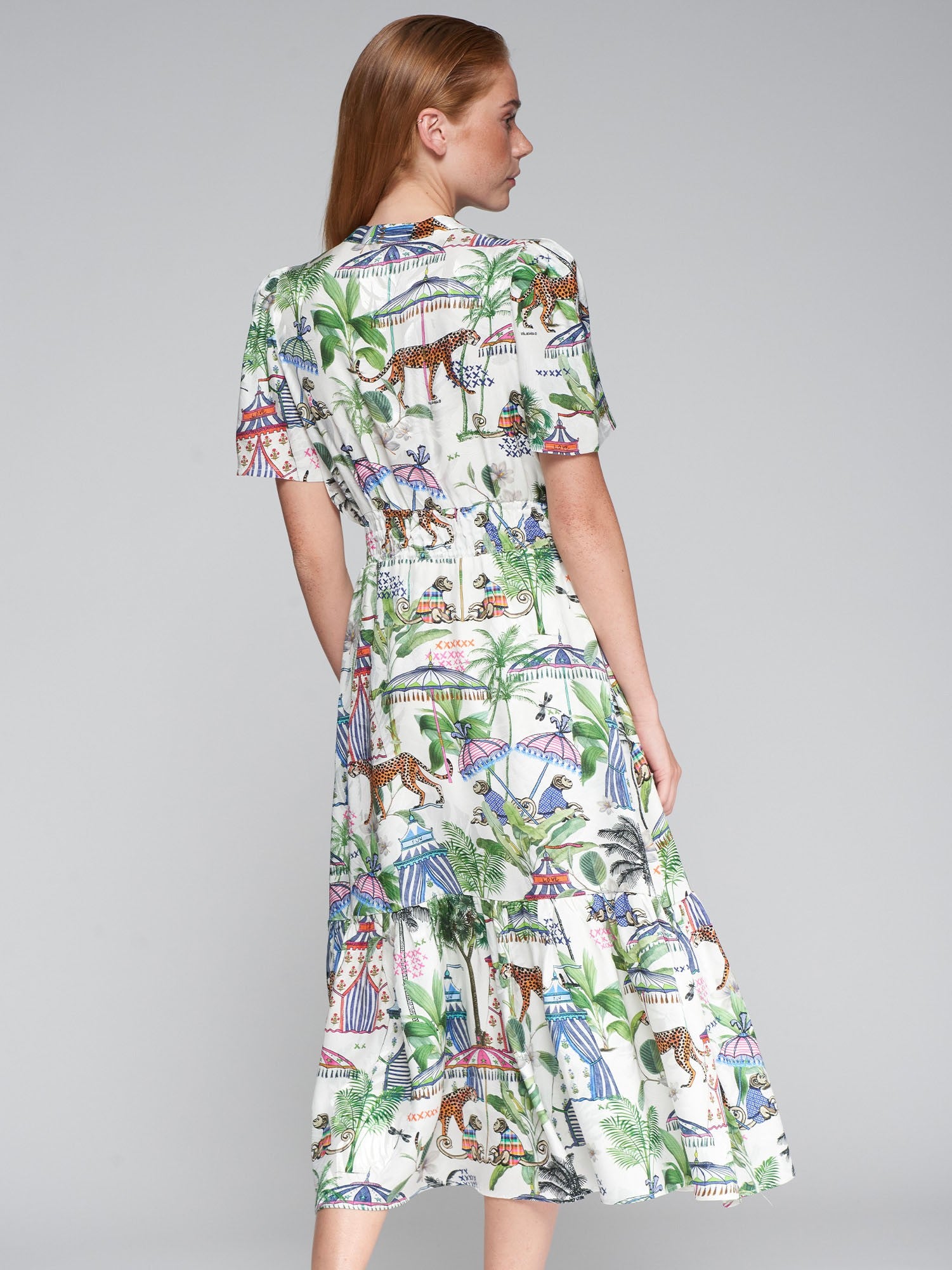 Vilagallo Ivy Summer Circus Print Layered Midi Dress From The Back