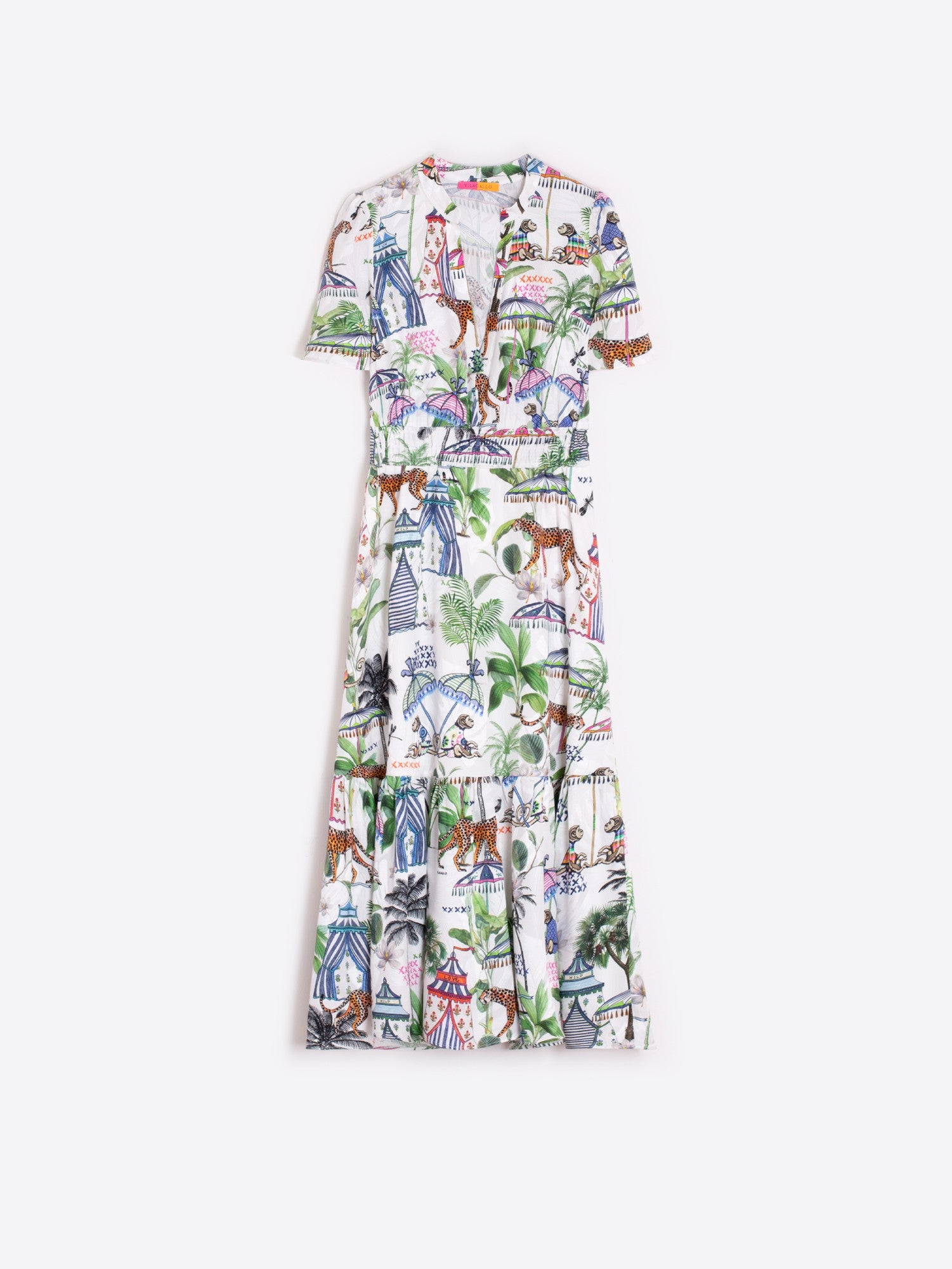 Vilagallo Ivy Summer Circus Print Layered Midi Dress With Shirt Sleeves 