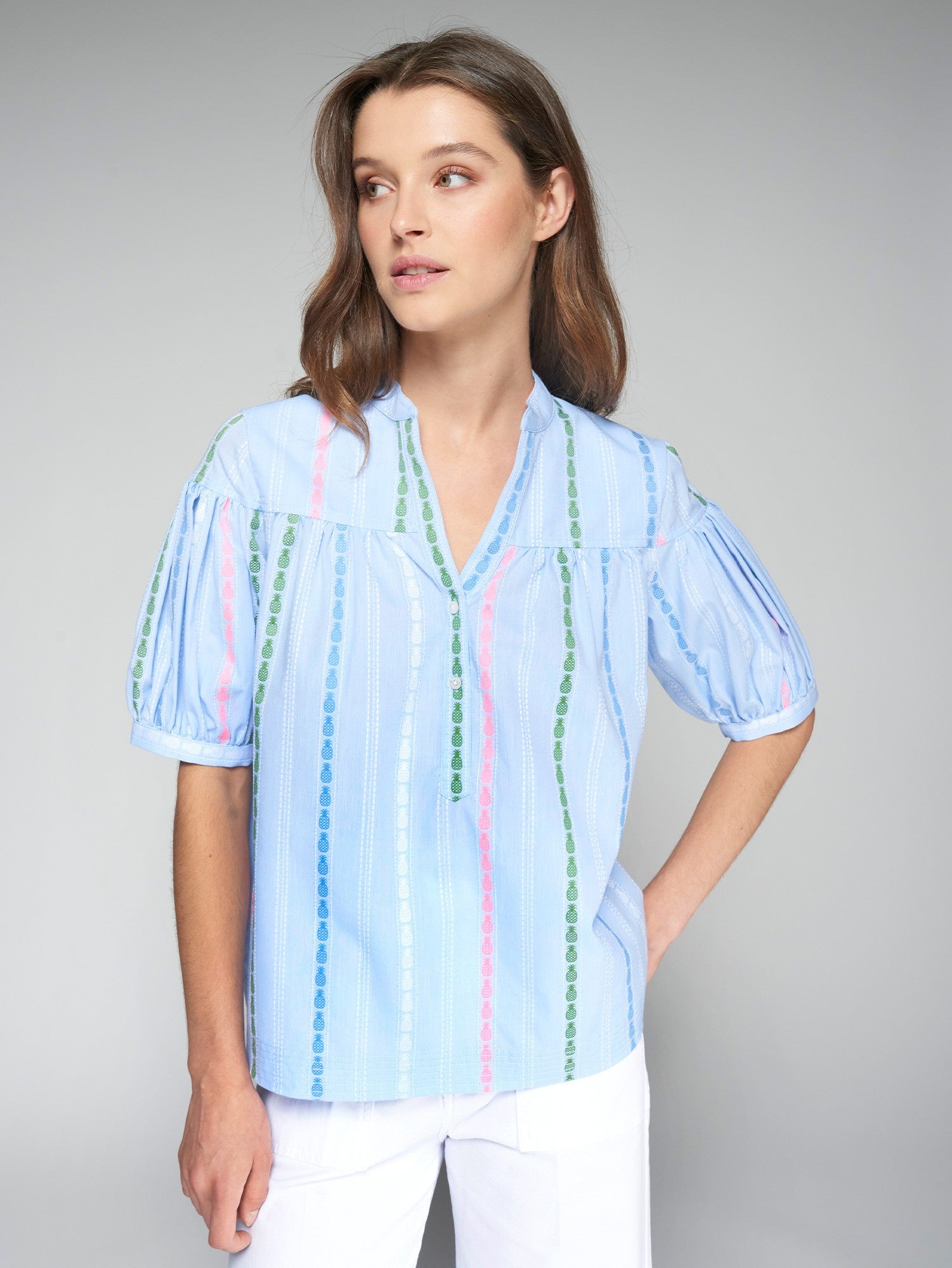 Vilagallo Ilania Pineapple Stripe Print Blouse With Short Puff Sleeves