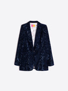 Christmas Occasion Suit: Vilagallo navy sequin blazer worn with matching trousers