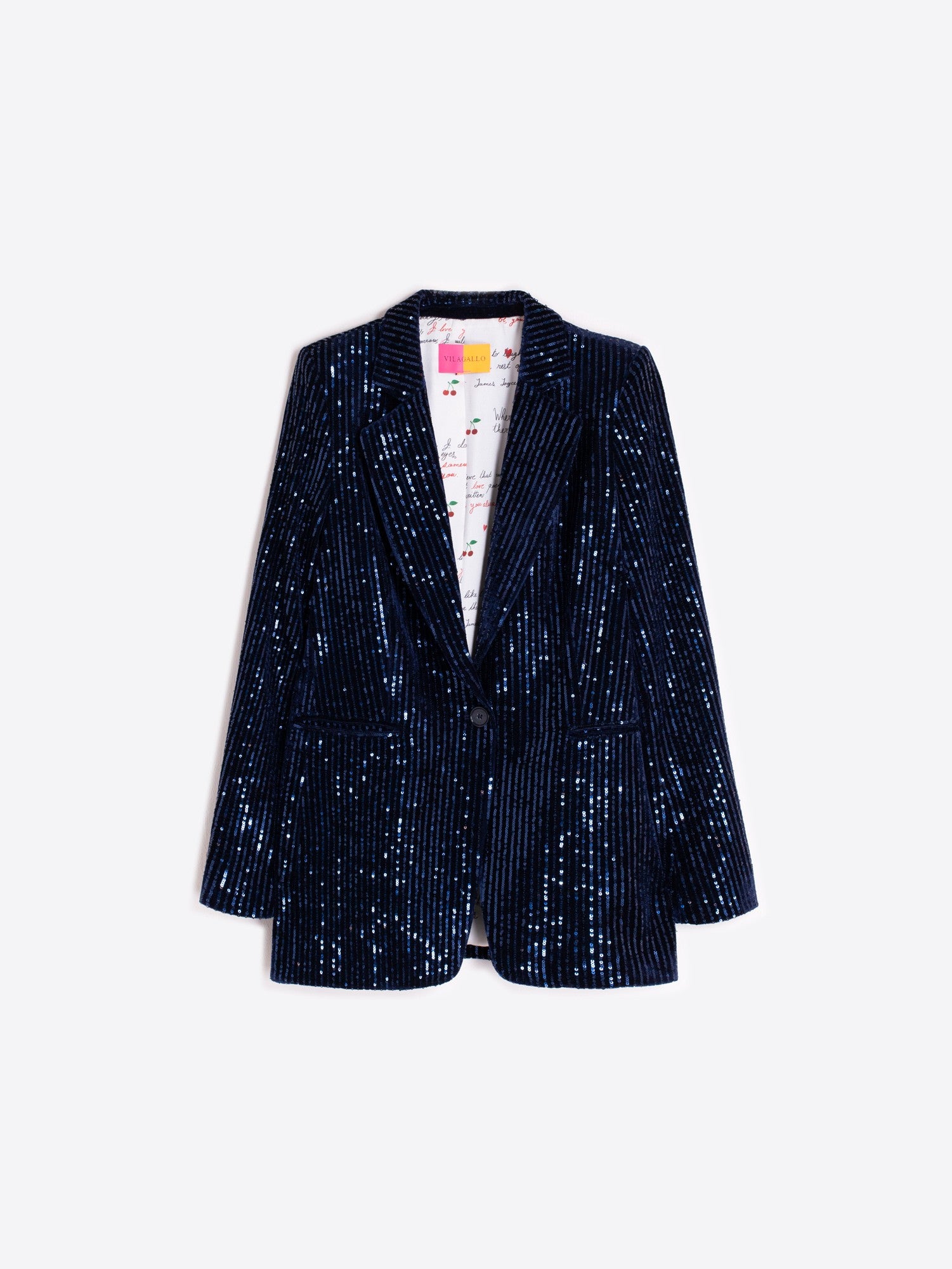 Christmas Occasion Suit: Vilagallo navy sequin blazer worn with matching trousers