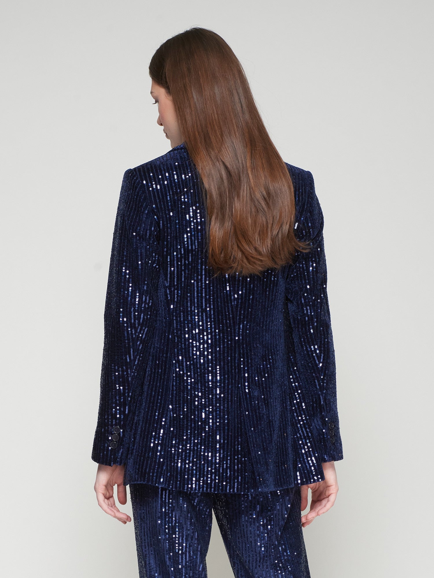 Back view of Vilagallo navy sequin blazer, soft yet structured finish