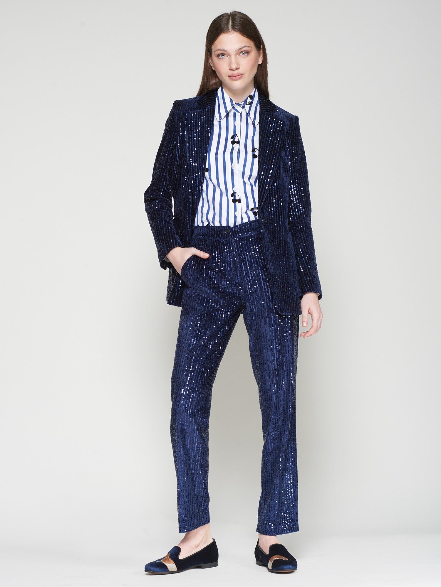 Vilagallo Tiffany Marino trousers full outfit with navy sequin blazer