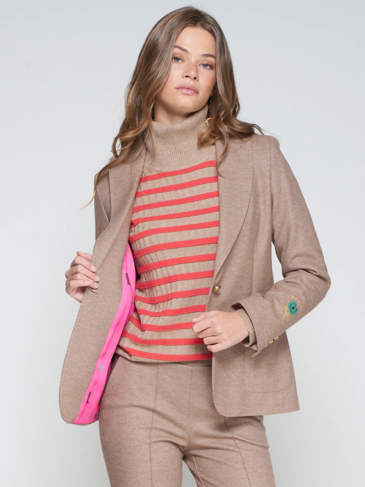 Vilagallo Camel Tailored Blazer — open front showing pink lining