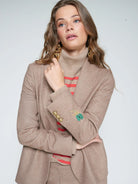 Vilagallo Camel Tailored Blazer — sleeve detail with gold buttons and clover embroidery