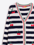 Vilagallo Wool cardigan in navy-and-white stripes with playful cherry details