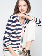 Vilagallo Alina cardigan with tricolour ribbing and cherry embroidery.