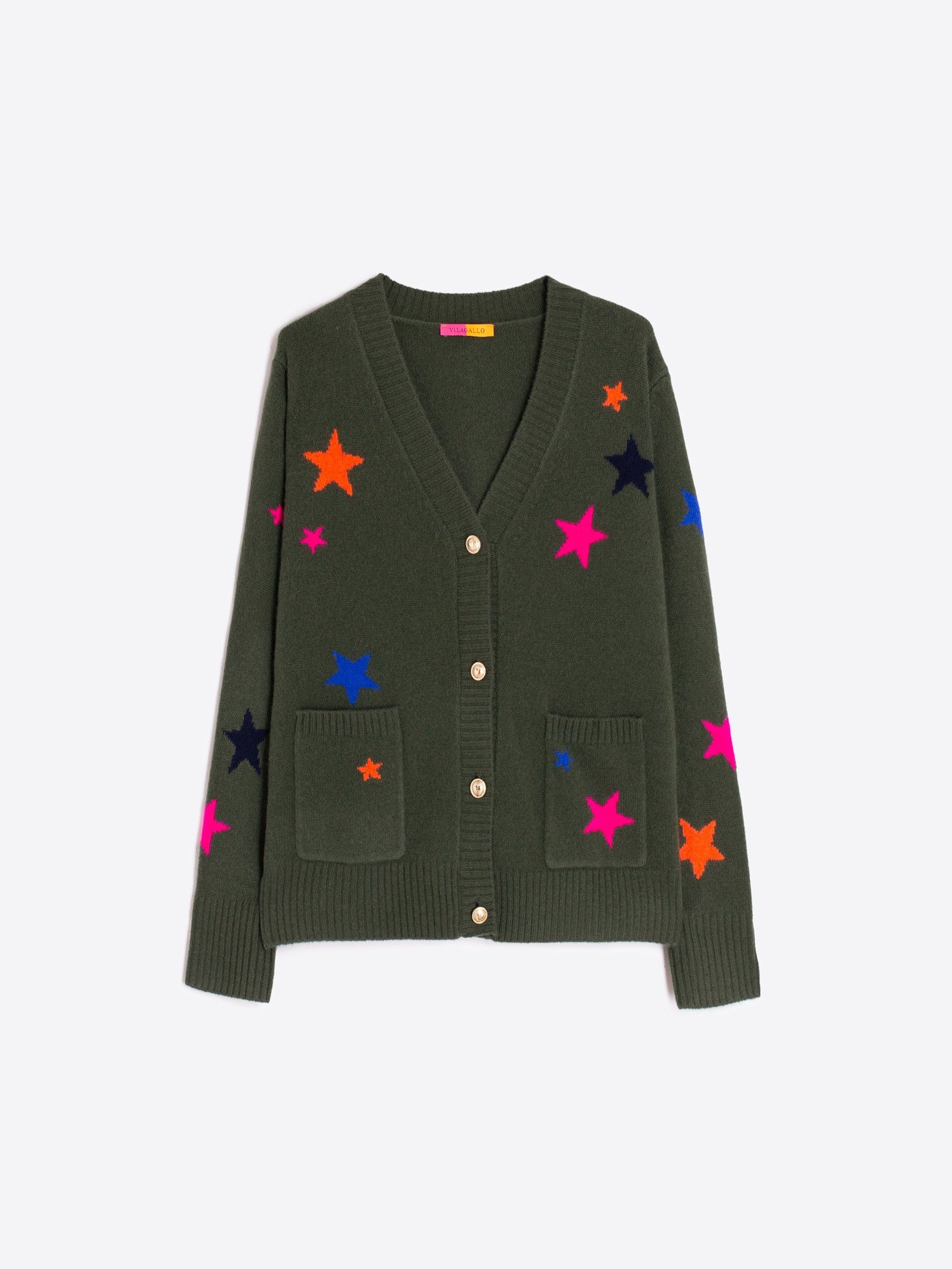 Flat lay of Vilagallo khaki green women’s Alina cardigan with button detail