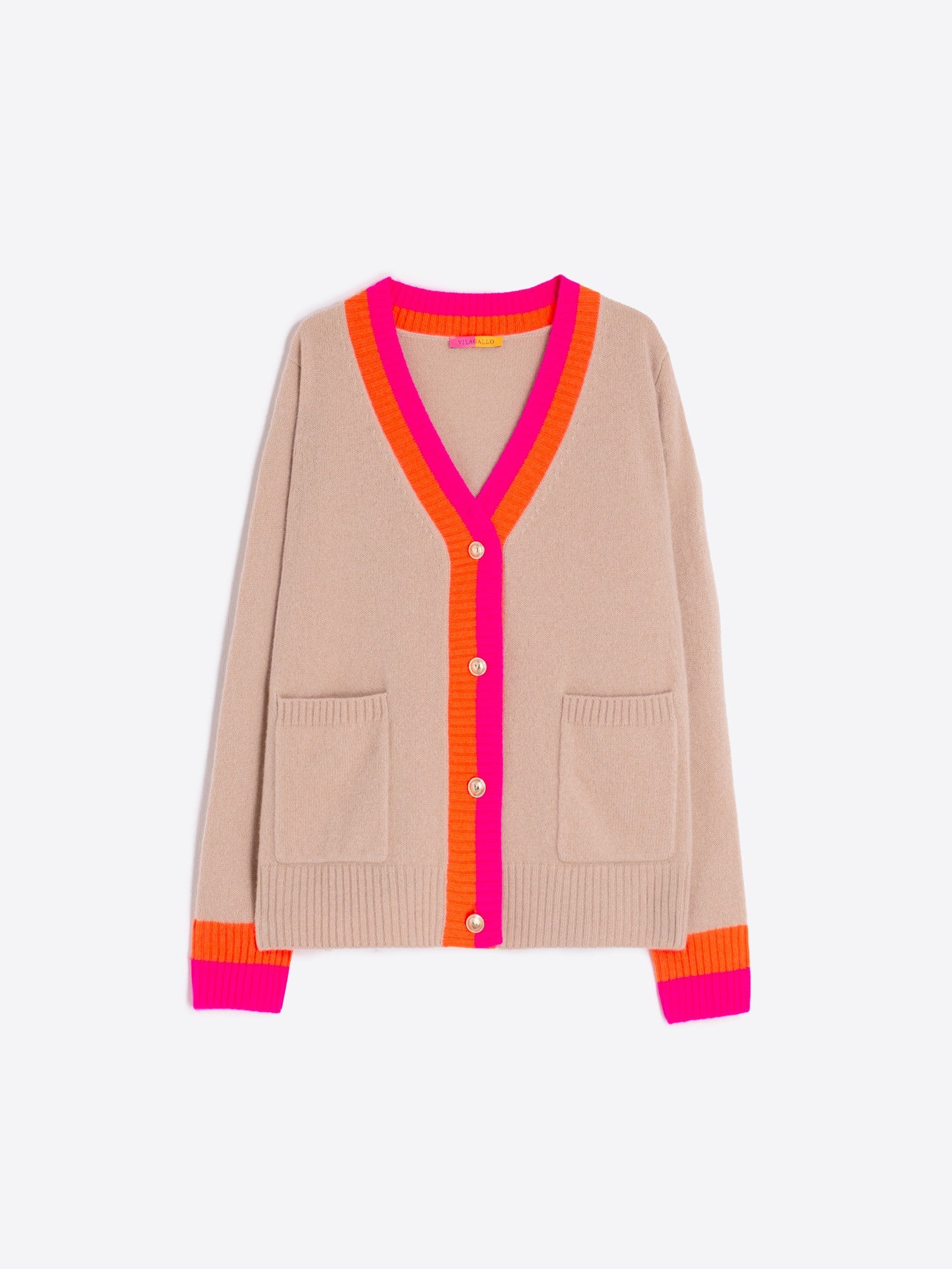 Flat lay of Vilagallo Alina cardigan in beige with bright contrast trim
