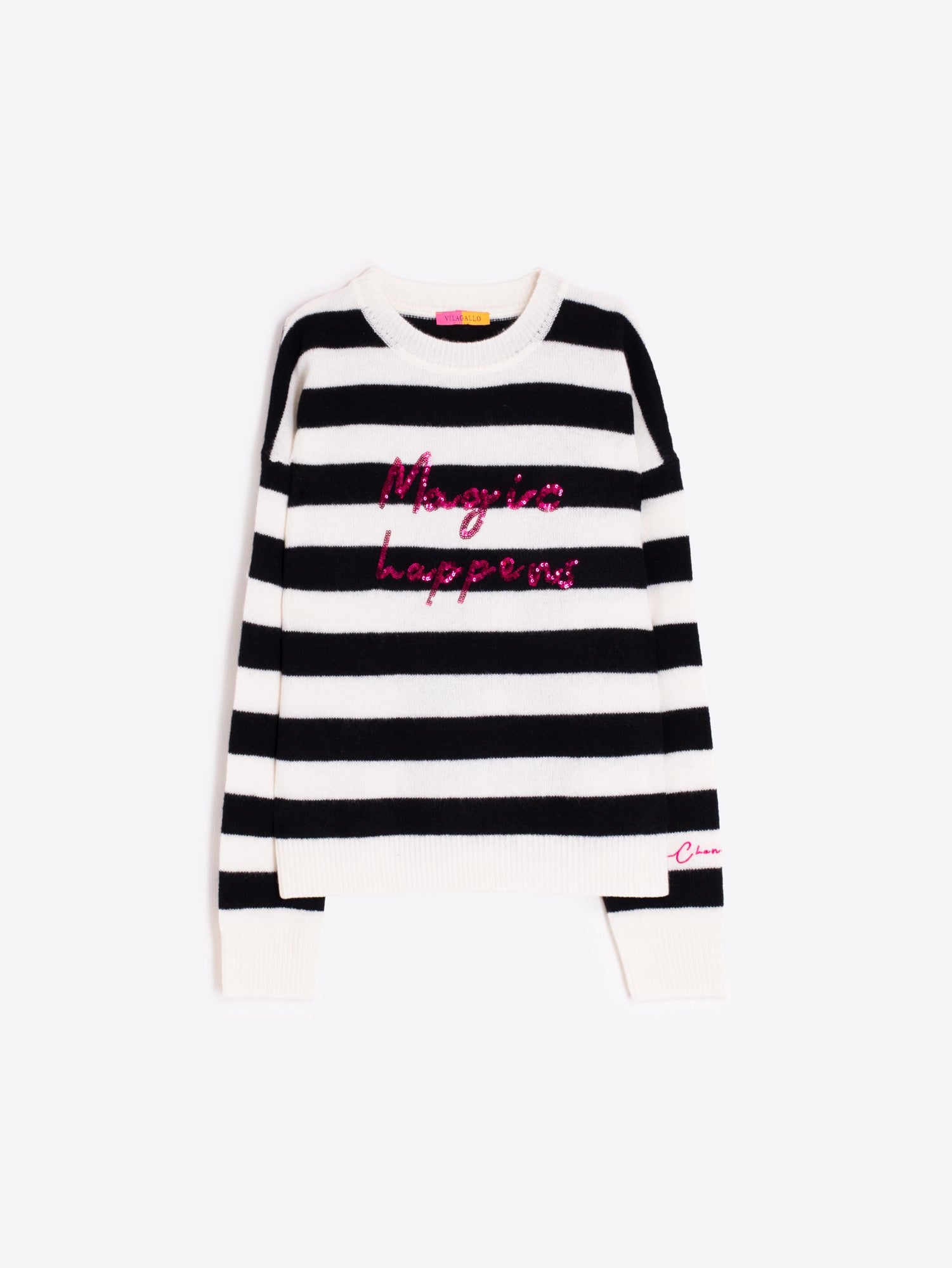 Flat lay of Vilagallo Fabiola wool jumper in monochrome stripe