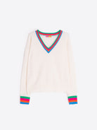 Vilagallo cream knit sweater with green, pink, orange, and blue trim.