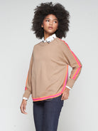 Camel Wool Jumper with Camel wool-blend jumper with fluorescent pink and orange stripe trim.