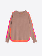 Vilagallo camel knit sweater with neon stripe detail on sleeves and hem.