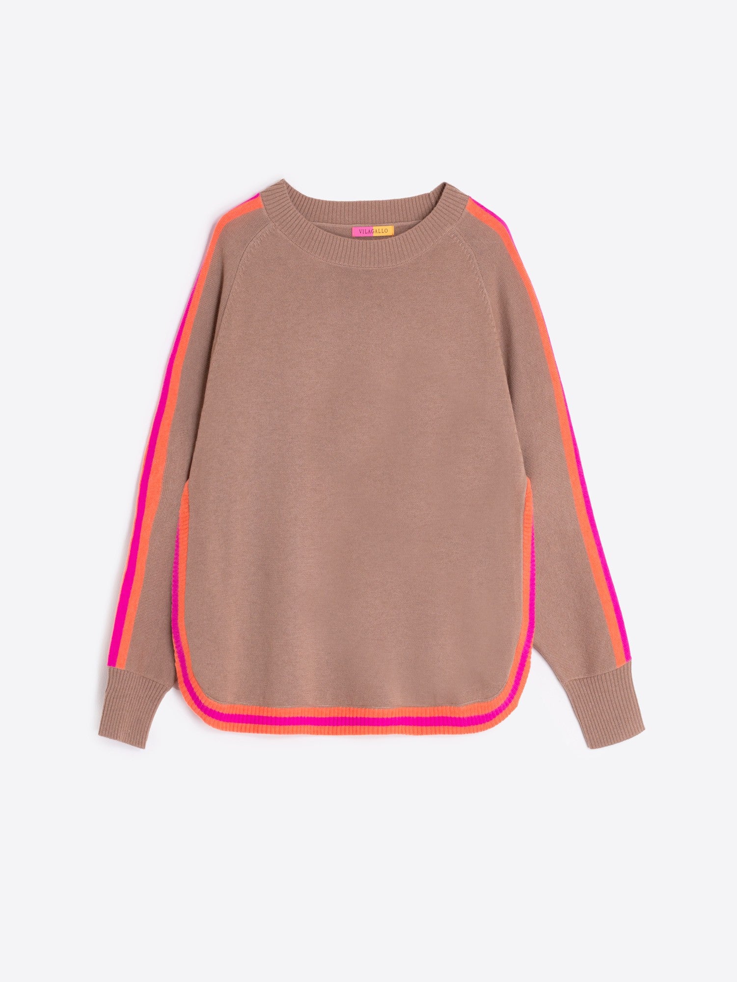 Vilagallo camel knit sweater with neon stripe detail on sleeves and hem.