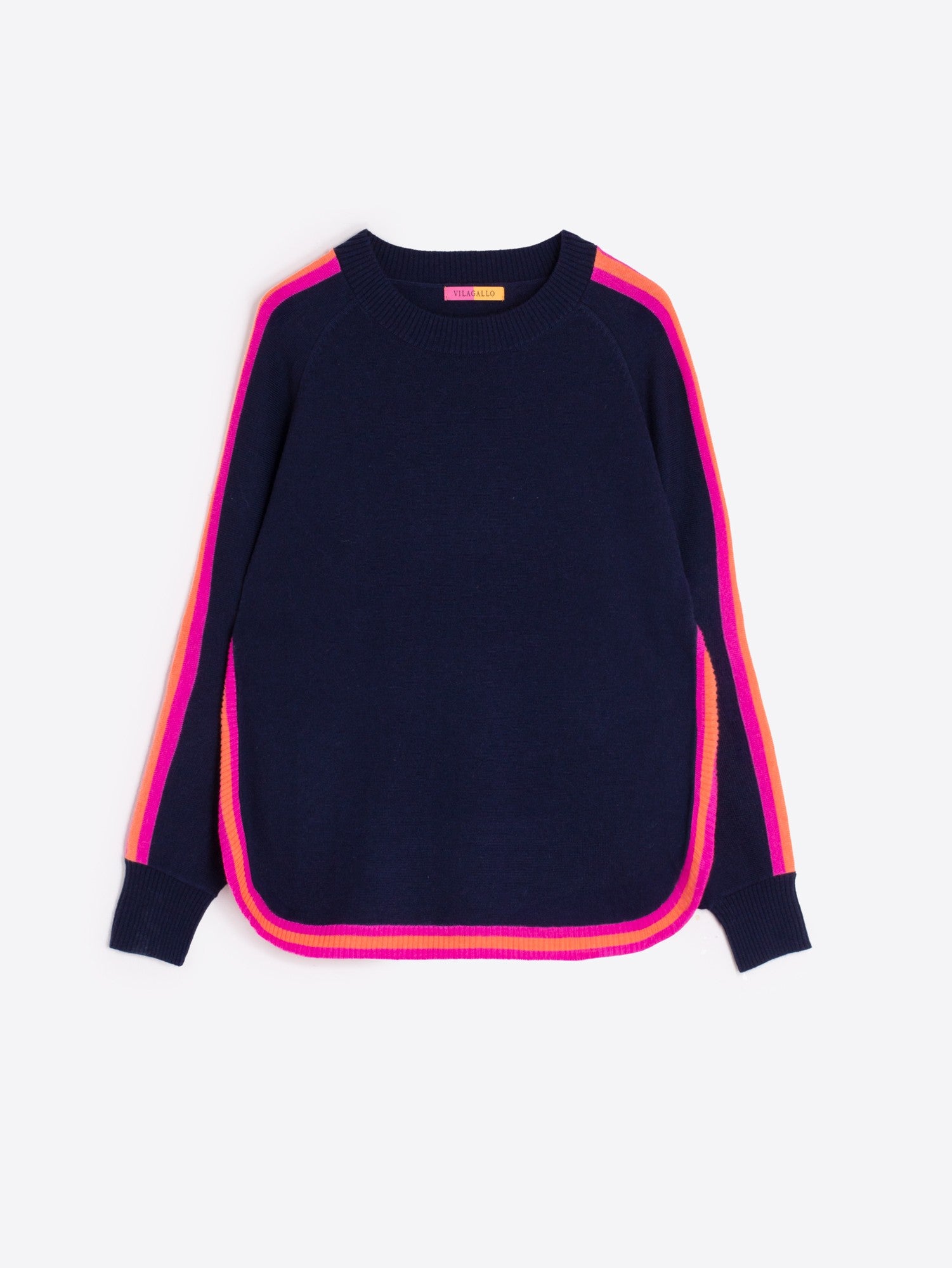 Vilagallo Navy wool-blend jumper with neon pink and orange stripe trim.