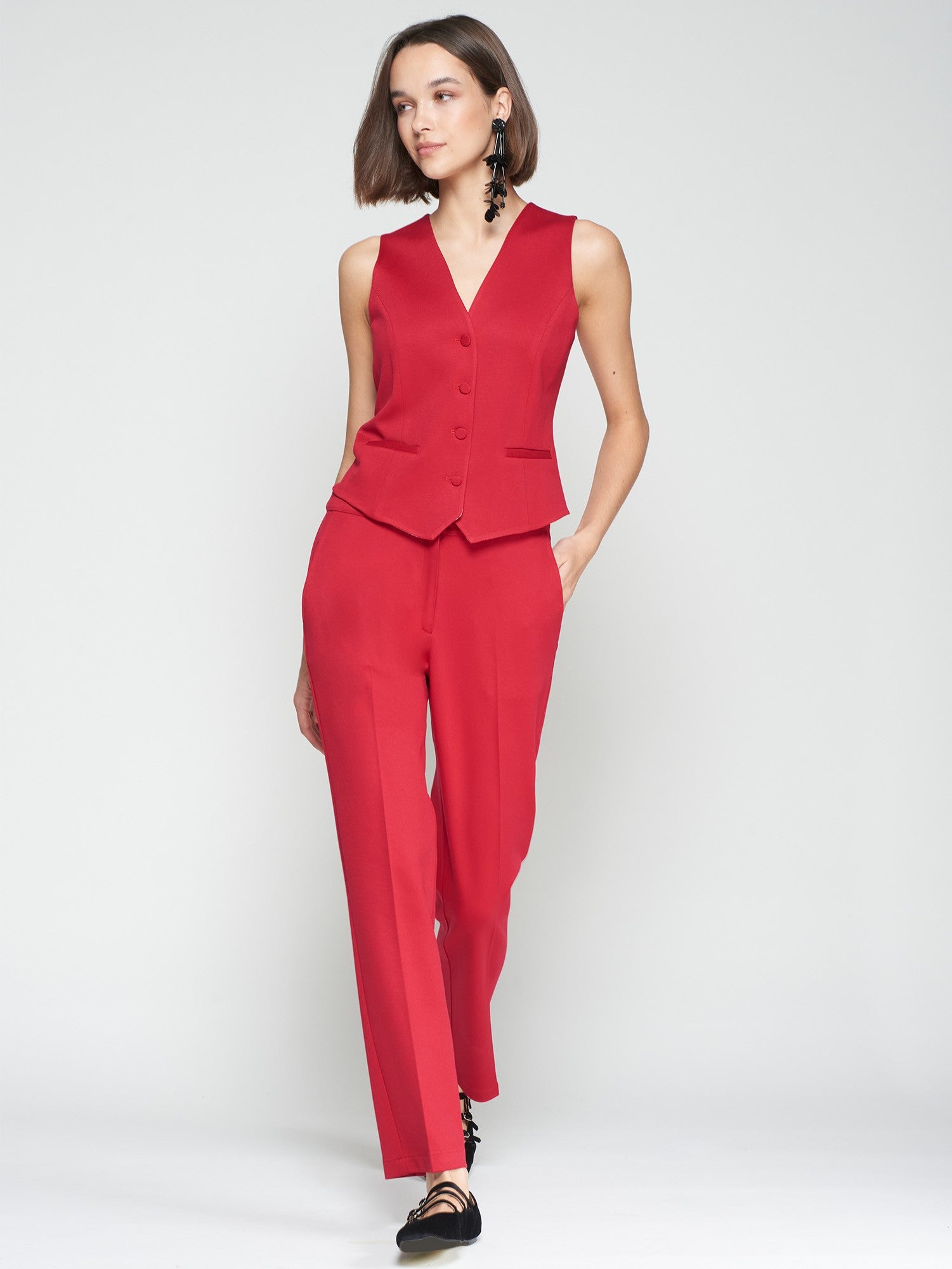 Vilagallo red structured straight leg trousers with mid-rise tailored fit