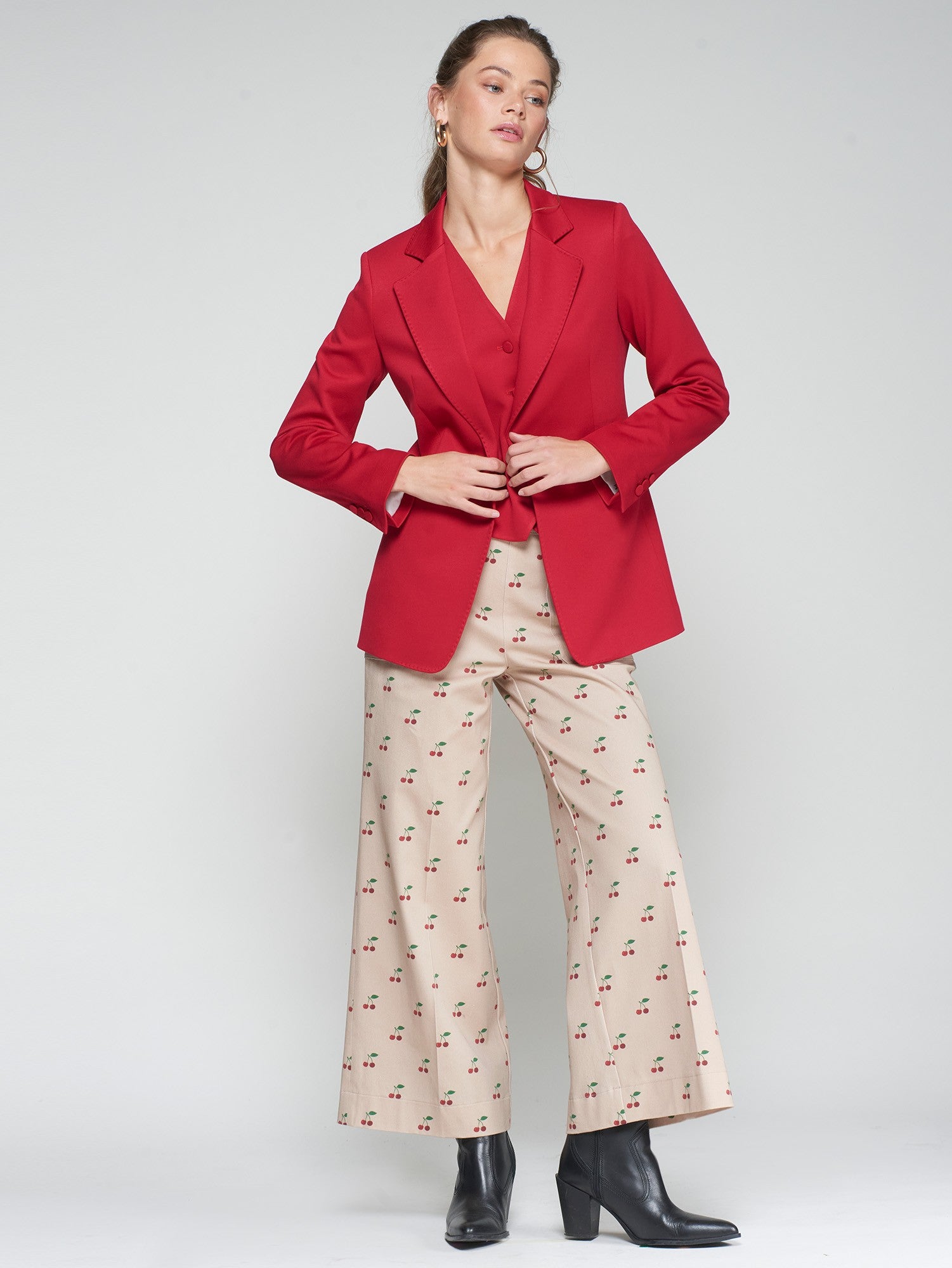 Vilagallo red blazer with printed cherry printed lining and matching cuff buttons