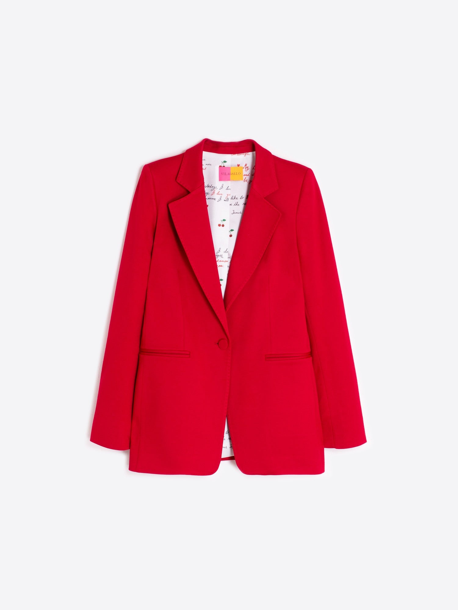 Front view of Vilagallo red blazer with classic lapel and topstitch detail