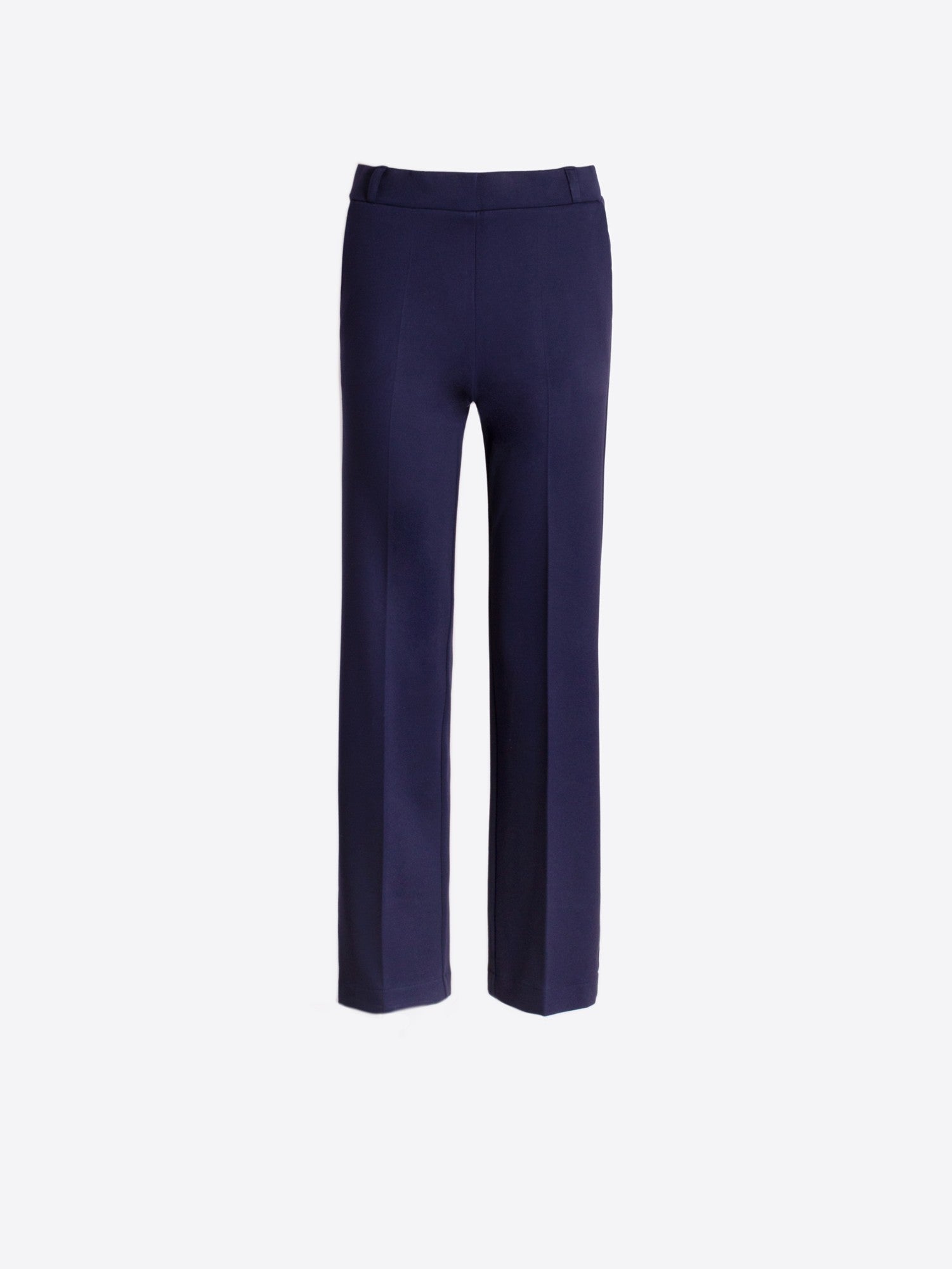 Front packshot of navy straight-leg women’s trousers with stitched crease and belt loops.