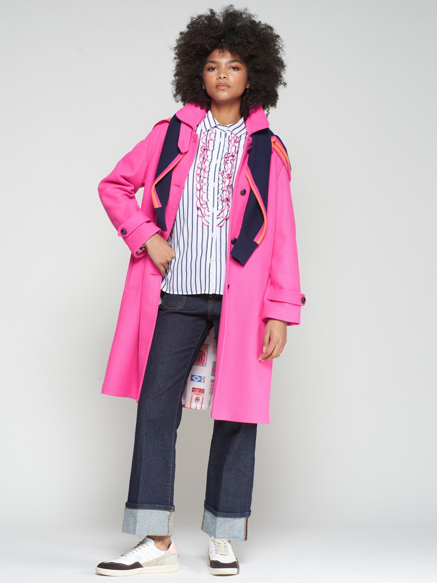 Vilagallo fuchsia wool blend trench style coat with black buttons.