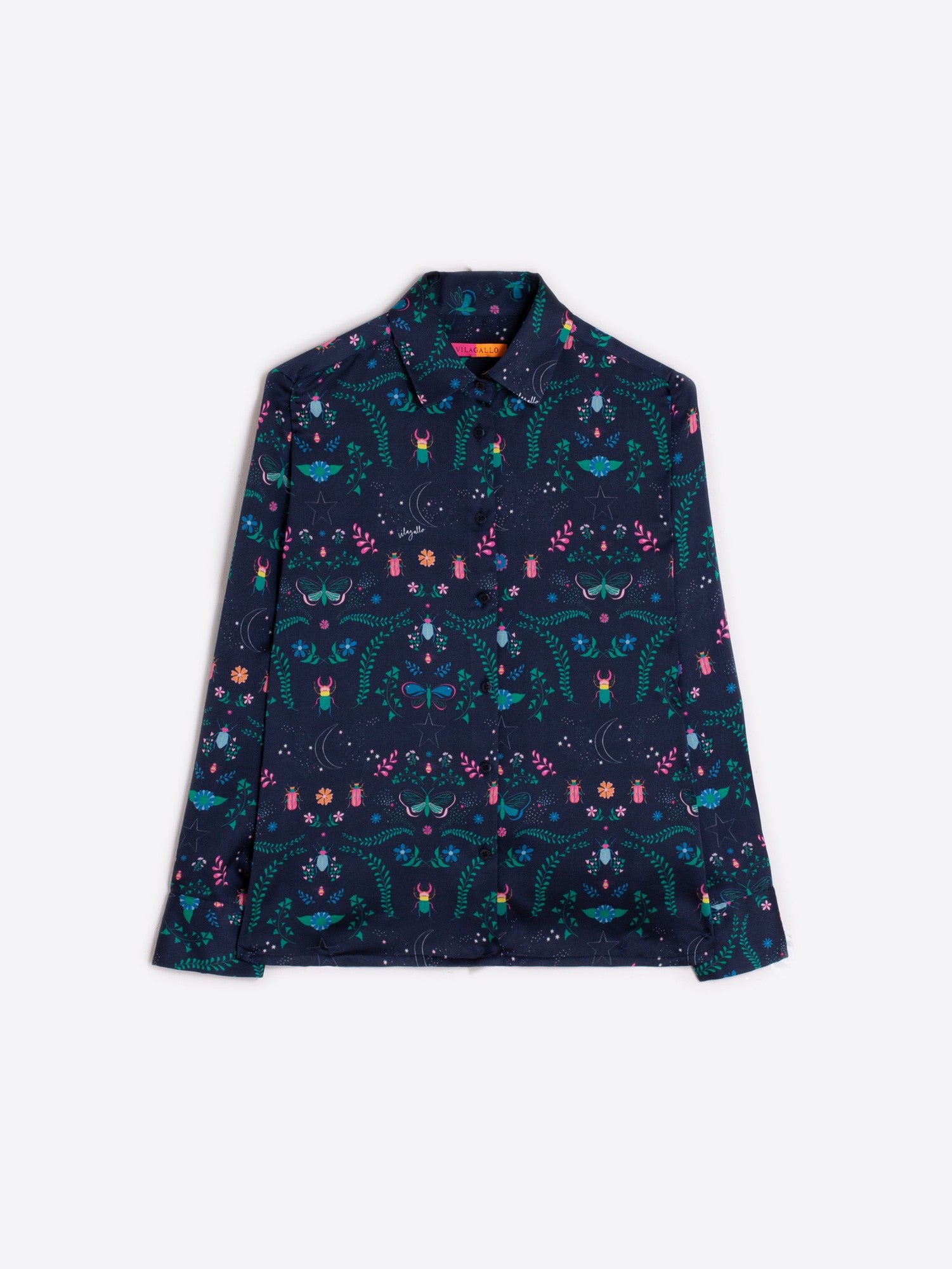 Close-up of Vilagallo navy butterfly print shirt in soft satin-touch fabric.