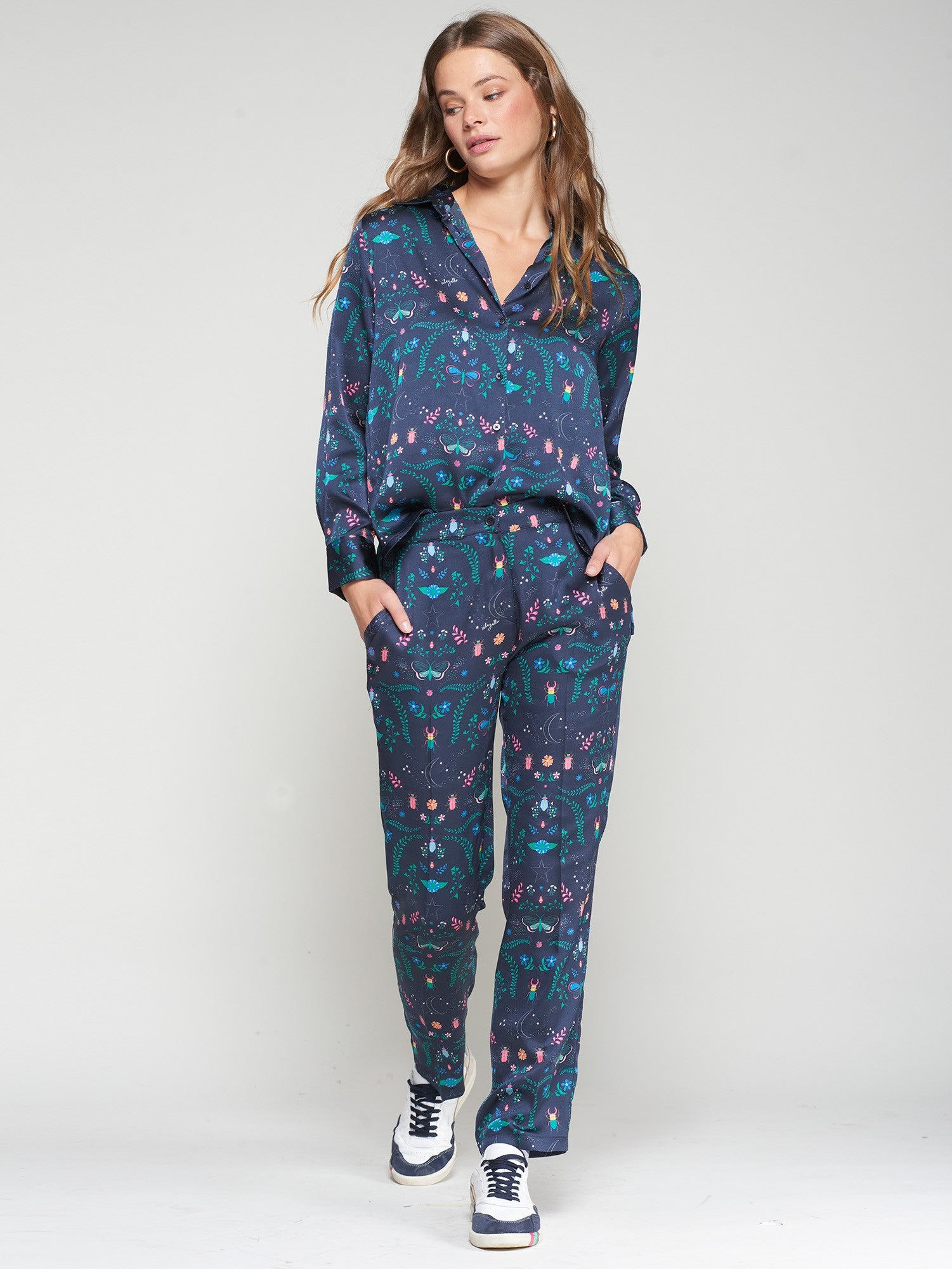 Vilagallo navy shirt with kaleidoscope butterfly and floral motif design.