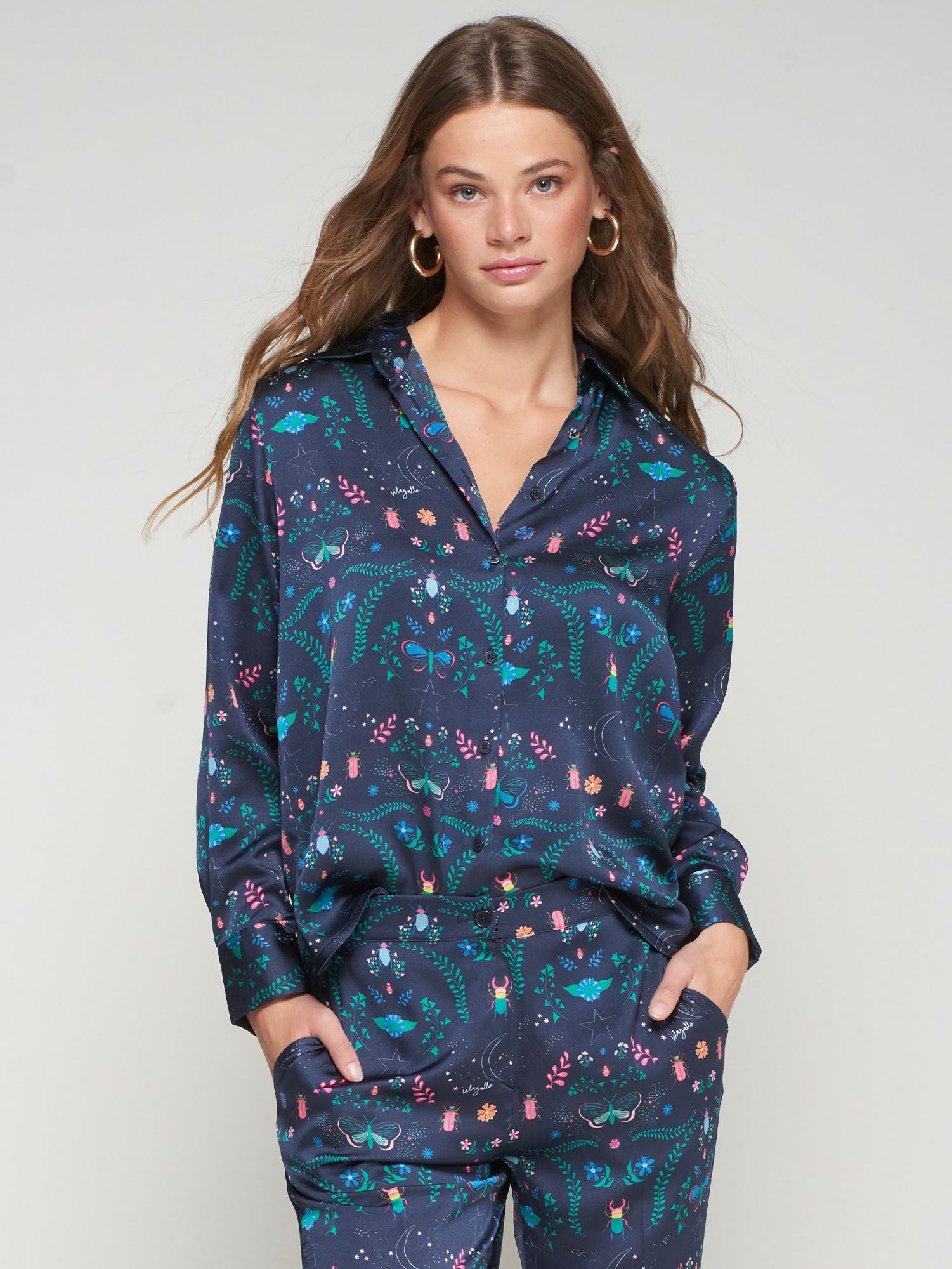 Vilagallo navy satin shirt with butterfly, beetle, star, and floral print.