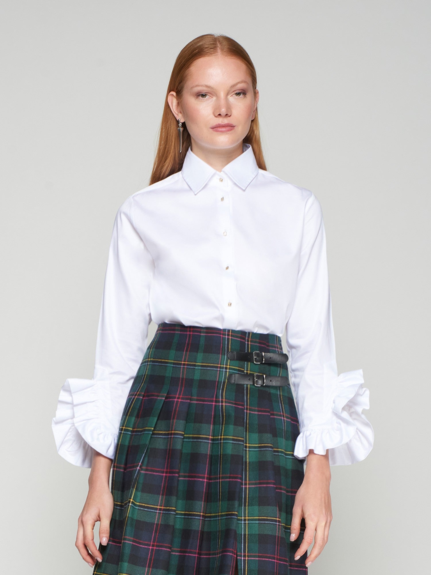Vilagallo pure white womens shirt with gold buttons and dramatic ruffled cuff