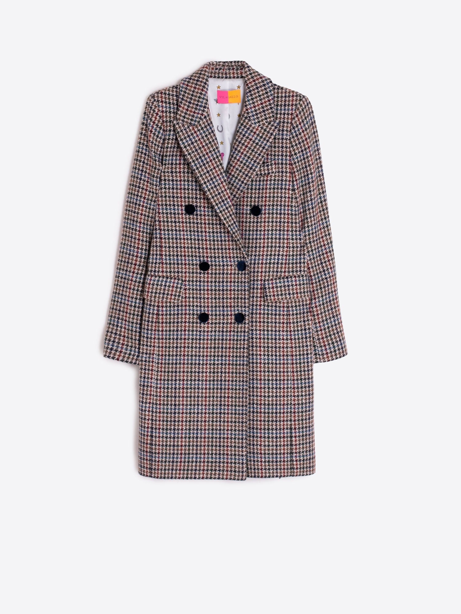 Vilagallo beige and brown houndstooth wool double breasted coat with velvet collar