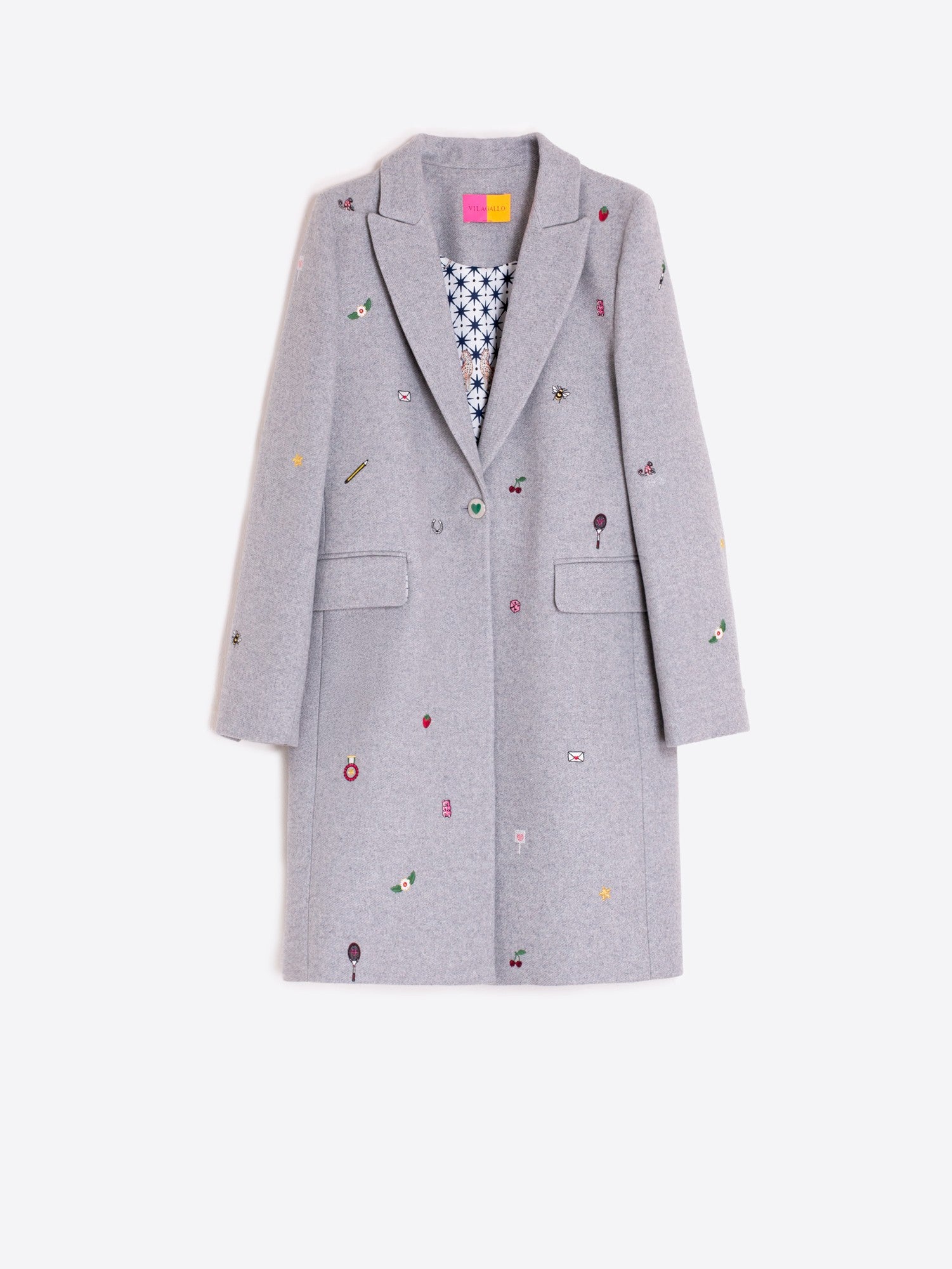 Women’s tailored grey wool dress coat with playful embroidered motifs