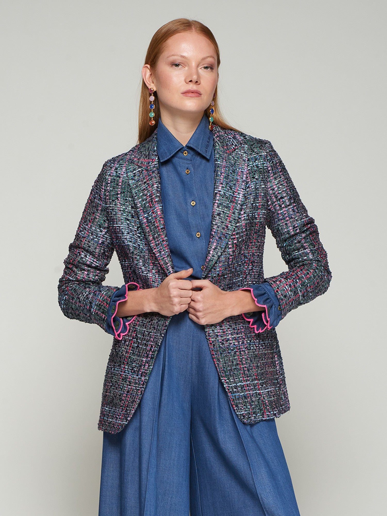 Vilagallo Sophia Tweed blazer on model styled over a denim shirt and wide-leg trousers