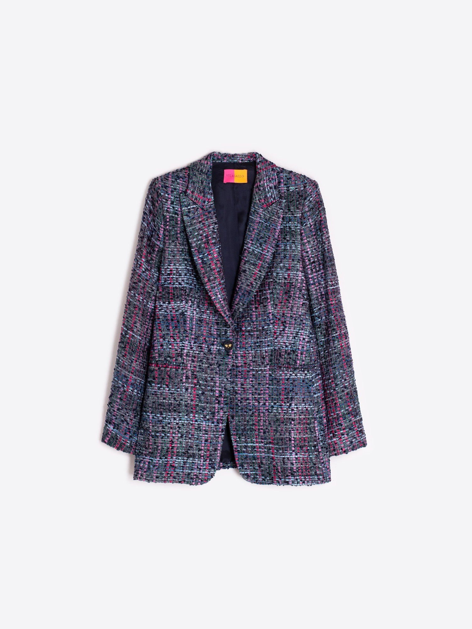Vilagallo multicolour tweed women’s blazer flat lay with classic lapel and single button