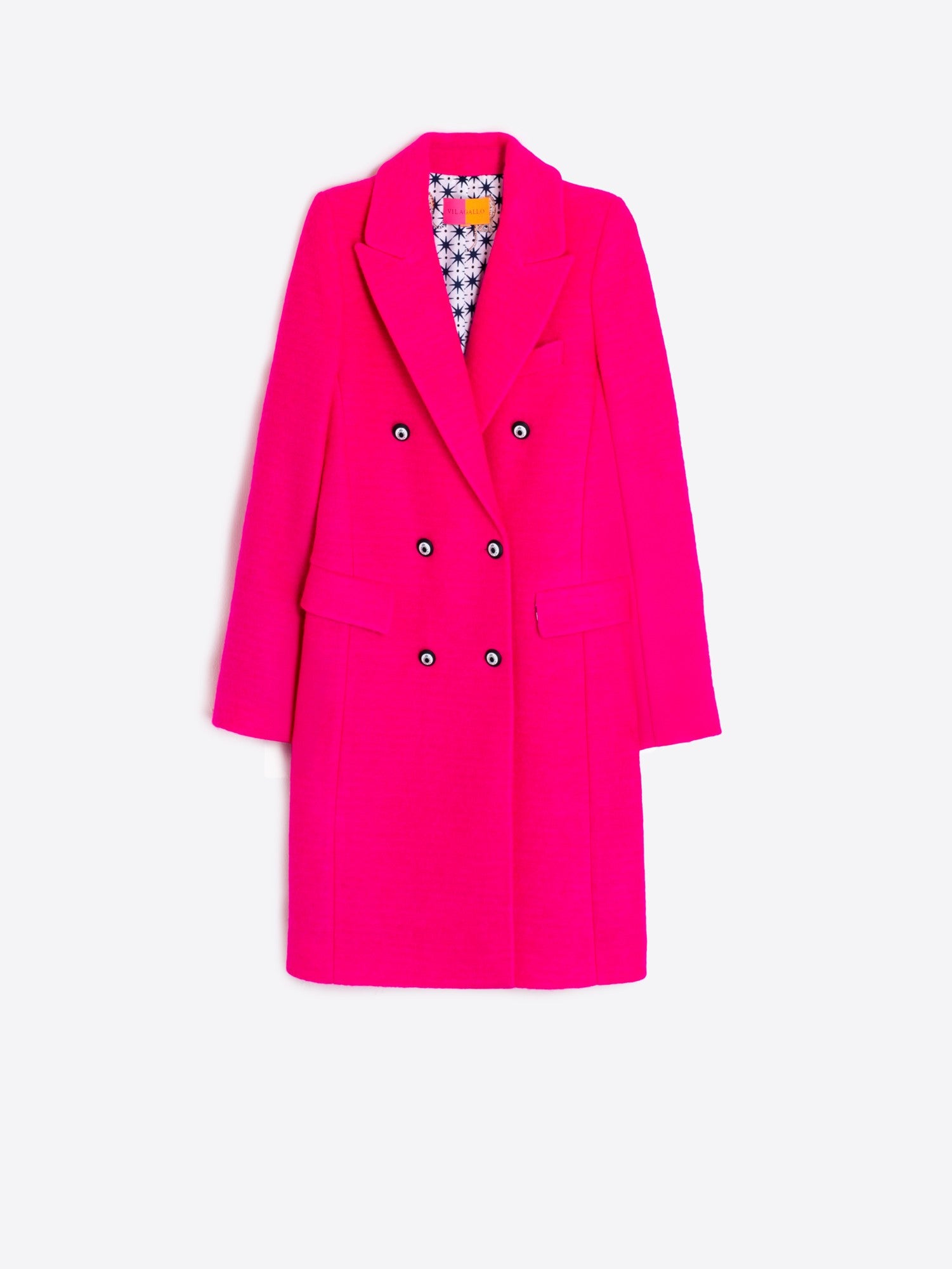 Full-length fuchsia wool coat with flap pockets and decorative welt pocket.
