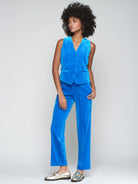 Vilagallo electric blue velvet straight leg trousers with mid-rise waist