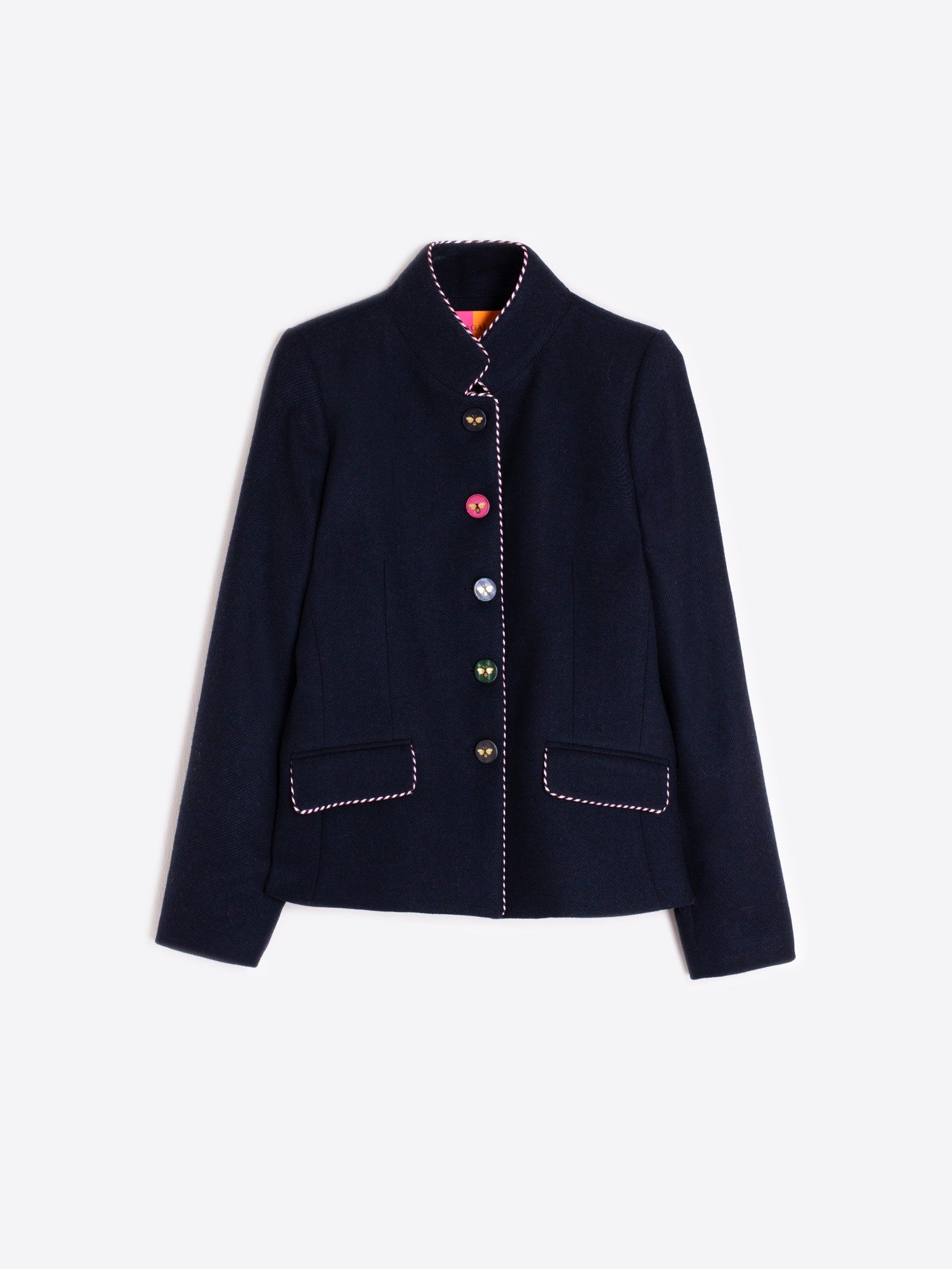 Vilagallo navy wool short jacket with bee motif buttons and contrast trim.