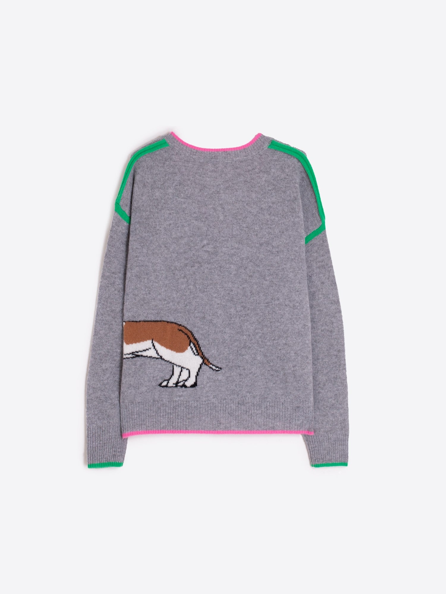 Close-up of Vilagallo grey wool jumper featuring dachshund design and striped shoulders.
