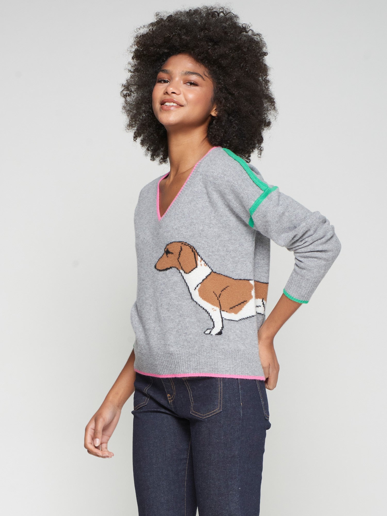 Vilagallo grey wool jumper with dachshund intarsia, pink neckline, and green shoulder stripes.