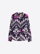 Front view of Vilagallo navy ikat print shirt with crisp collar